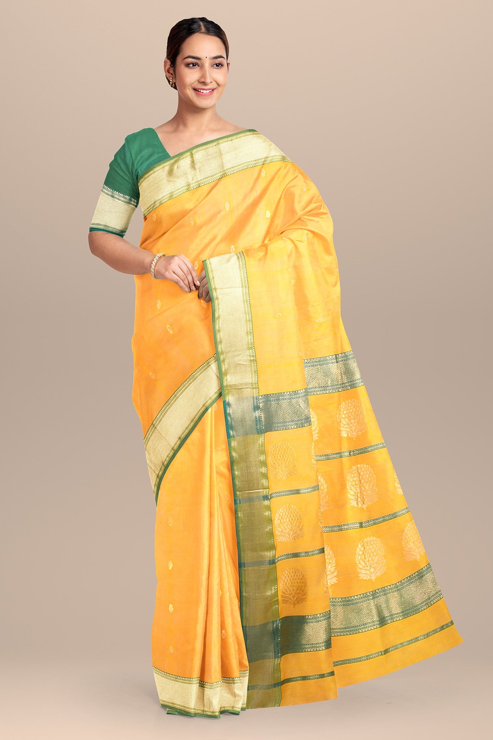 Hand Woven Turmeric Yellow Color Traditional Buti Sausar Silk with Zari Border and Tree Buta Print Saree SKU-BS10062 - Bhartiya Shilp