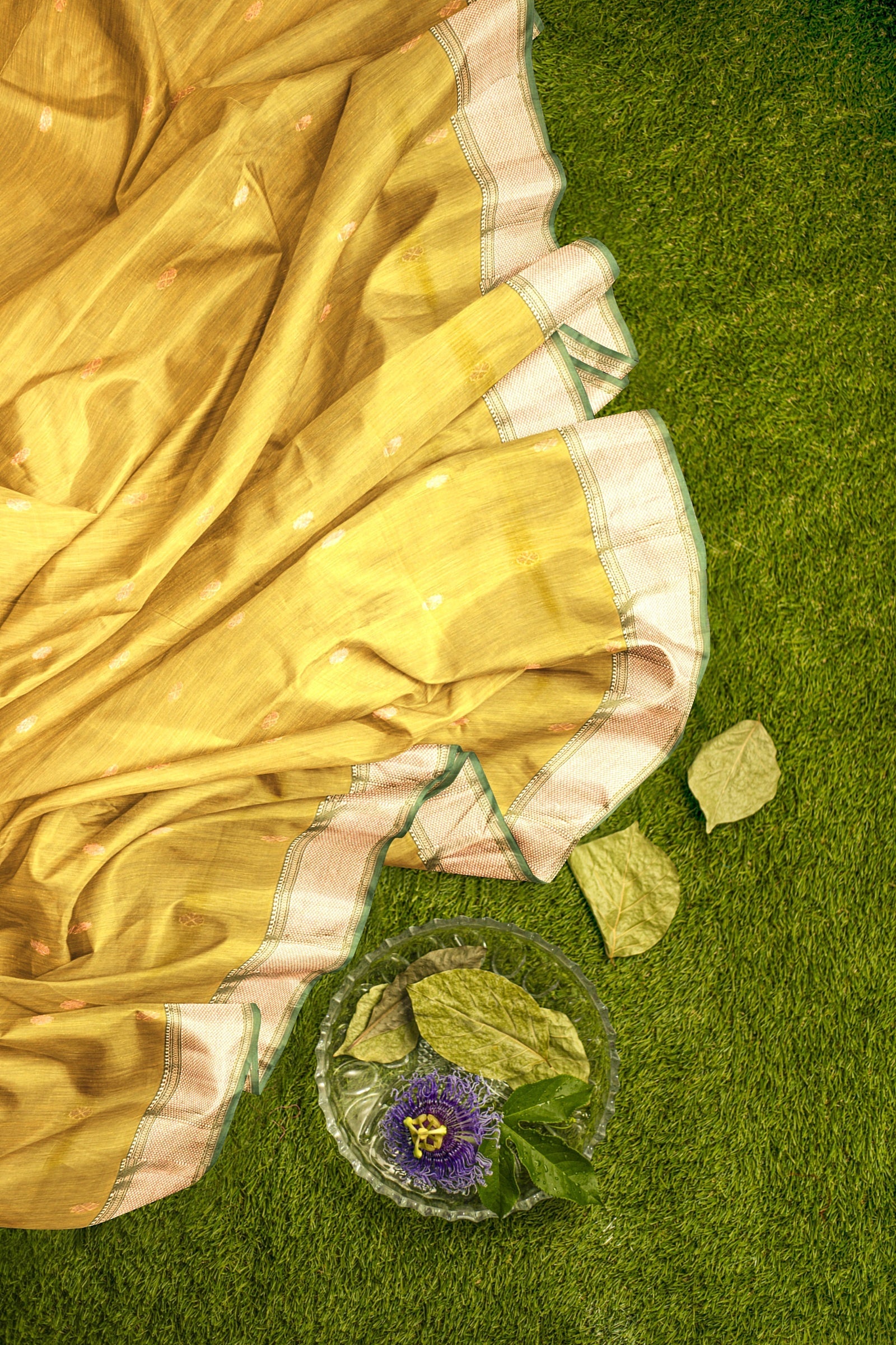 Hand Woven Lemon Yellow Color Traditional Buti Sausar Silk with Zari Border and Tree Buta Print Saree SKU-BS10064 - Bhartiya Shilp