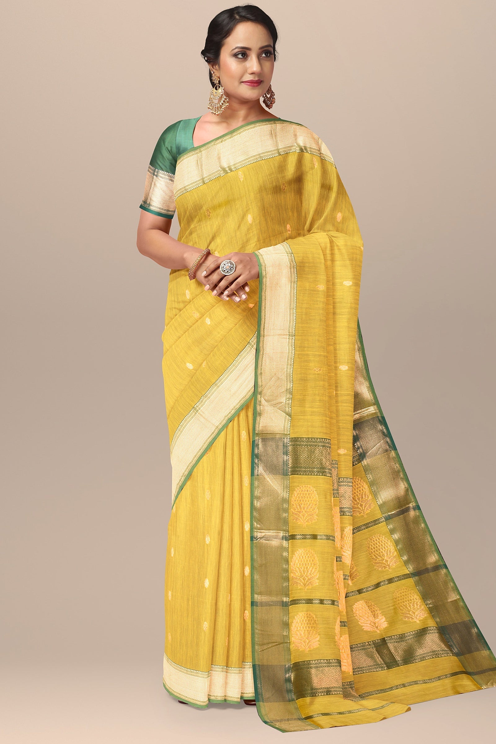 Hand Woven Lemon Yellow Color Traditional Buti Sausar Silk with Zari Border and Tree Buta Print Saree SKU-BS10064 - Bhartiya Shilp