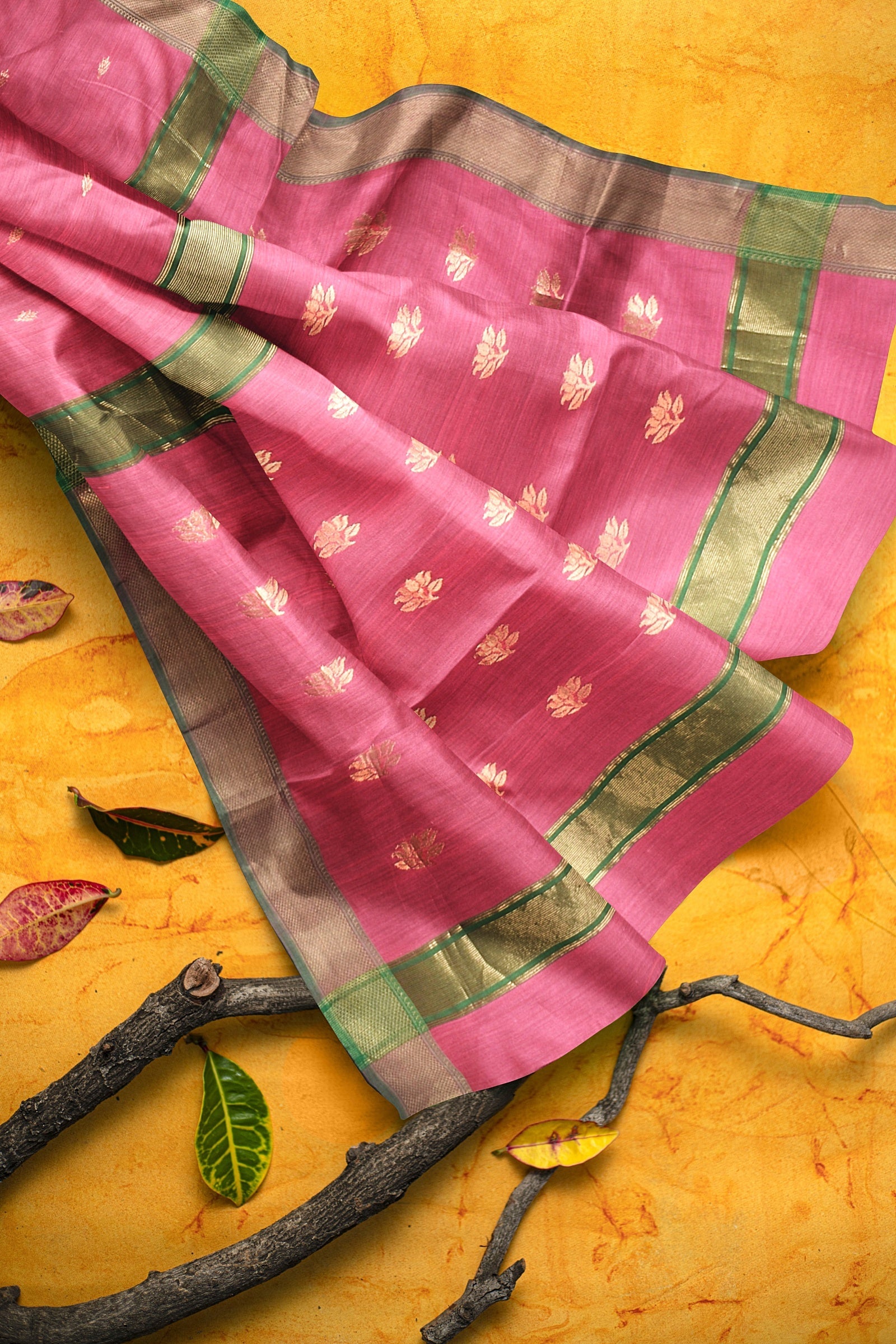 Handwoven Punch Pink Color Traditional Titli Buti Sausar Silk Saree with Zari Border and Buta Palla SKU-BS10124 - Bhartiya Shilp
