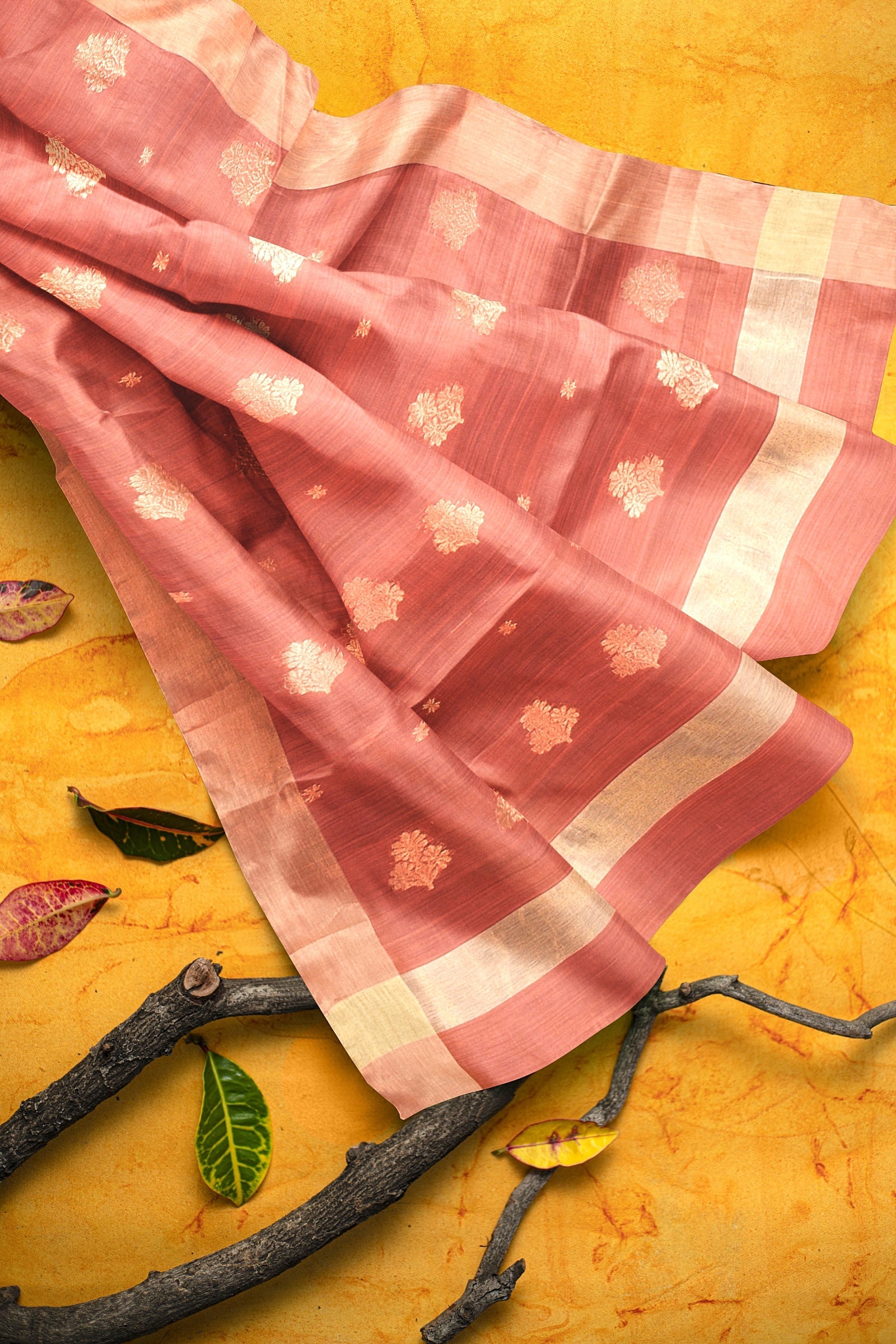 Handwoven Peach Color Traditional Floral Buta Chanderi Saree With Golden Zari Border SKU - BS10143 - Bhartiya Shilp
