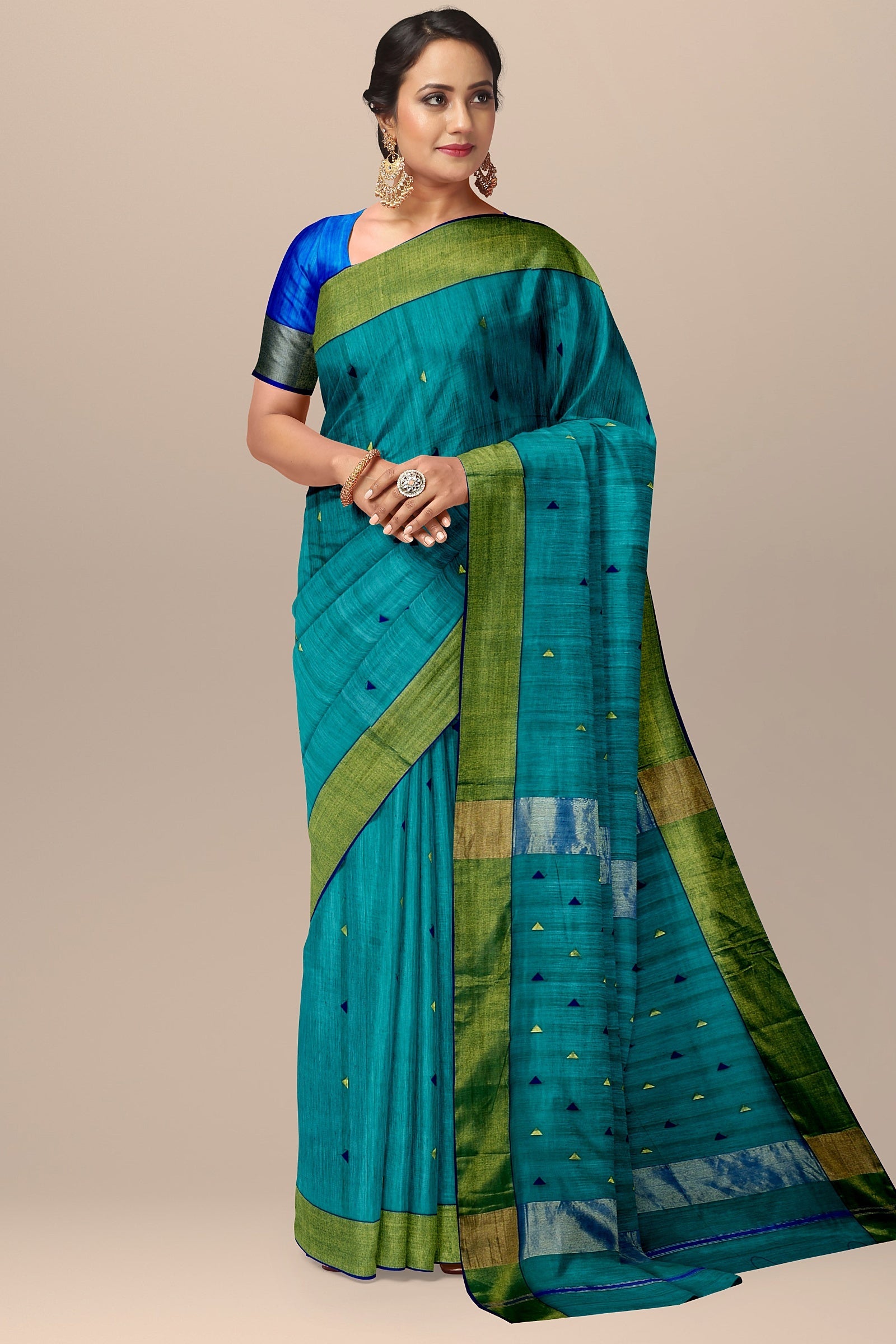 Hand Woven Sacramento Green Color Triangle Buti Sausar Silk with Zari Border Saree SKU- BS10001 - Bhartiya Shilp
