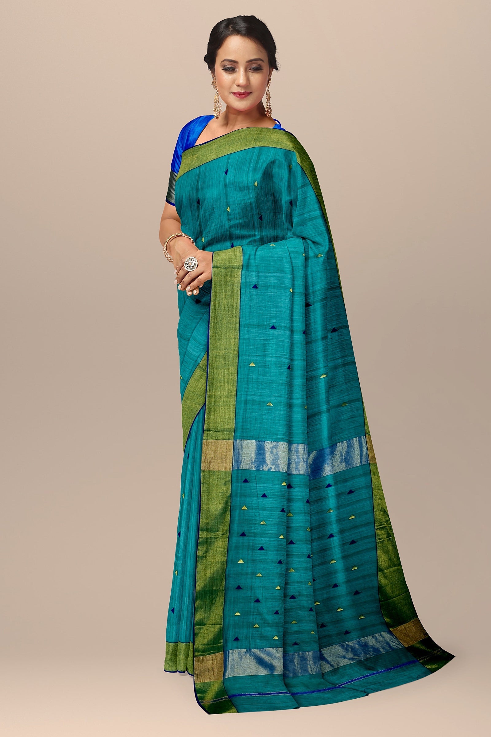 Hand Woven Sacramento Green Color Triangle Buti Sausar Silk with Zari Border Saree SKU- BS10001 - Bhartiya Shilp