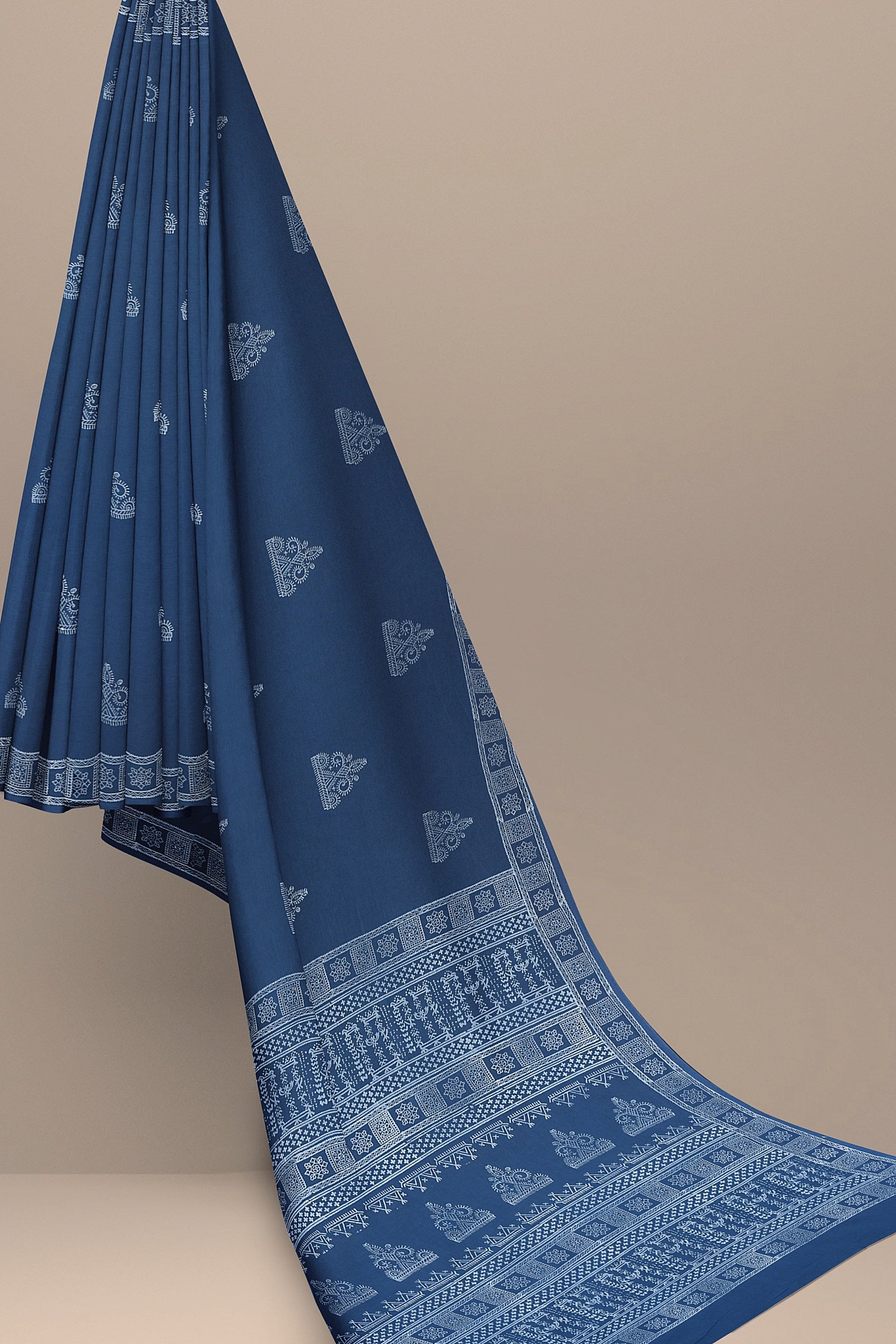 Dark Blue Tribal Motif Chhipa Hand Block Print Malmal Cotton Saree SKU-AS10068 - Bhartiya Shilp