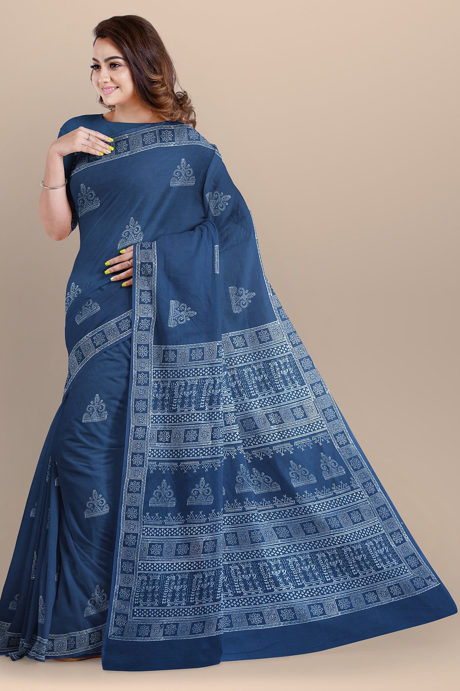 Dark Blue Tribal Motif Chhipa Hand Block Print Malmal Cotton Saree SKU-AS10068 - Bhartiya Shilp