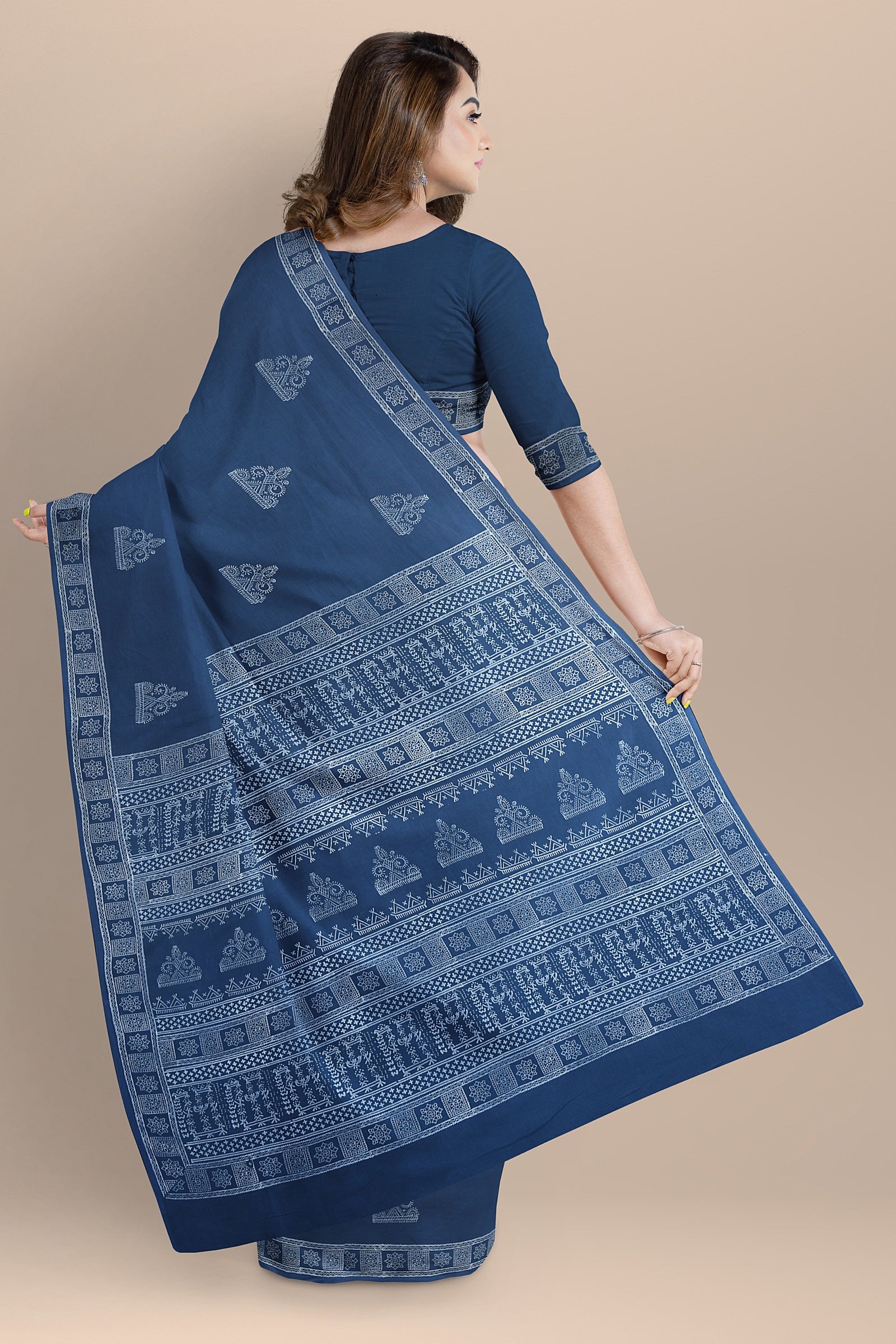 Dark Blue Tribal Motif Chhipa Hand Block Print Malmal Cotton Saree SKU-AS10068 - Bhartiya Shilp