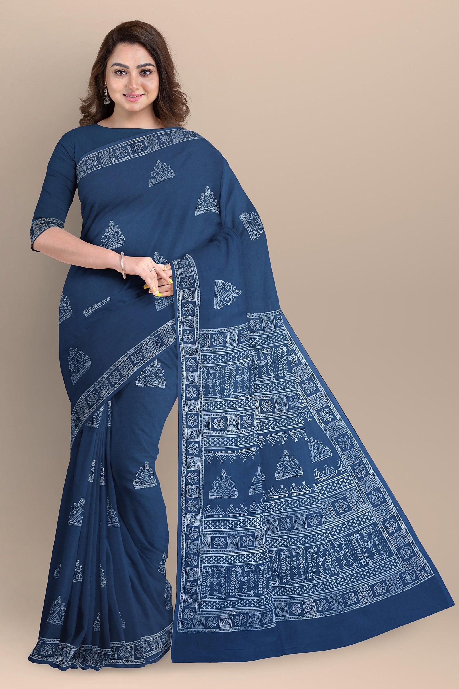 Dark Blue Tribal Motif Chhipa Hand Block Print Malmal Cotton Saree SKU-AS10068 - Bhartiya Shilp