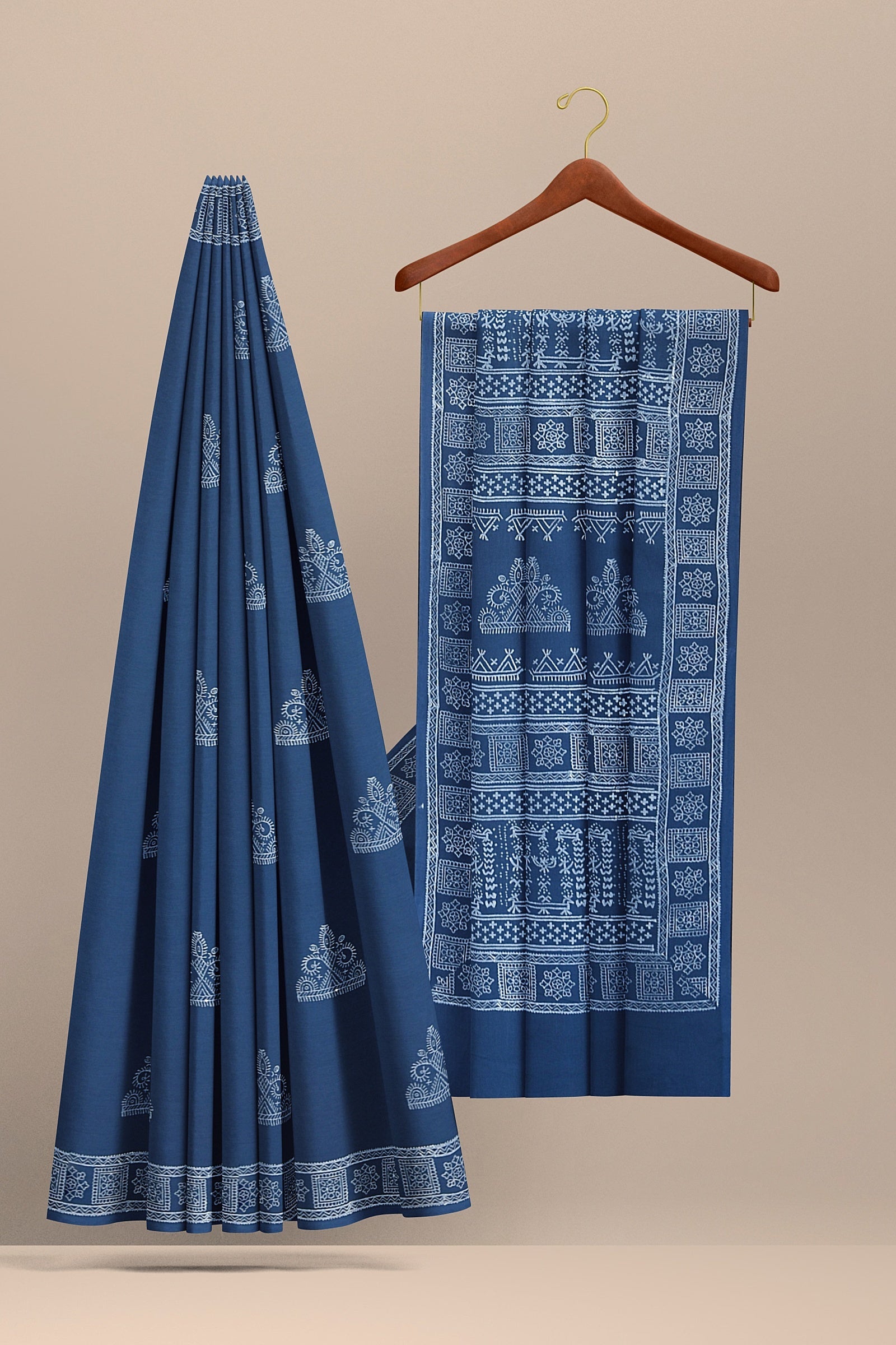 Dark Blue Tribal Motif Chhipa Hand Block Print Malmal Cotton Saree SKU-AS10068 - Bhartiya Shilp