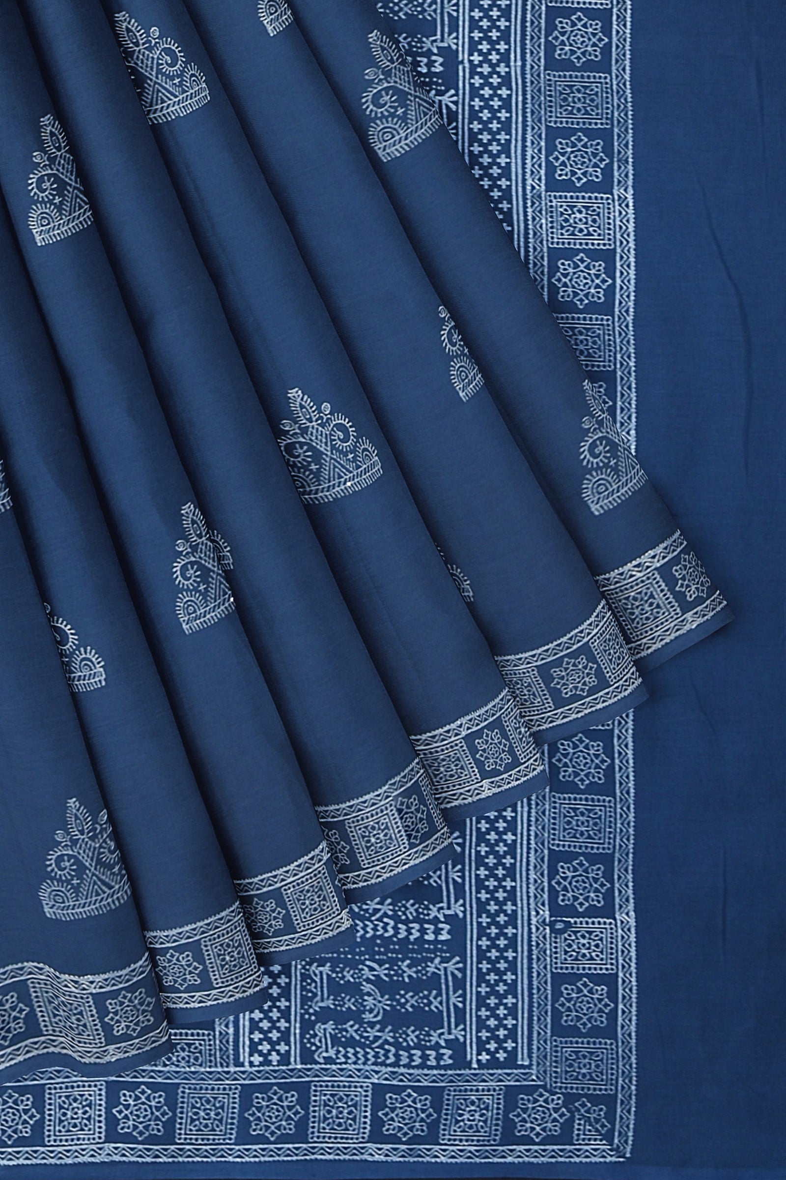 Dark Blue Tribal Motif Chhipa Hand Block Print Malmal Cotton Saree SKU-AS10068 - Bhartiya Shilp