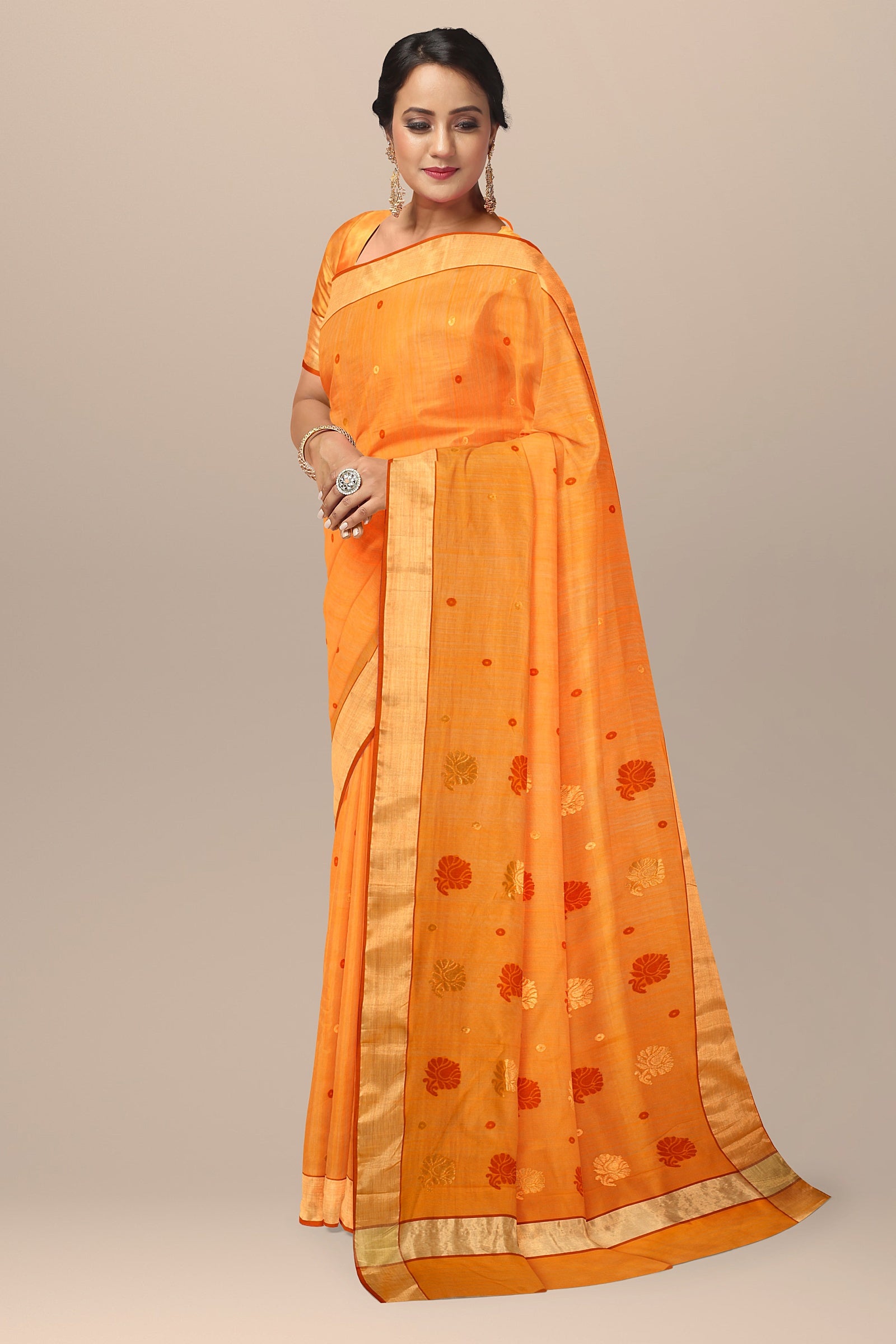 Handwoven Orange Color Traditional Red and Golden Buta Chanderi Saree with Zari Border SKU - BS10082 - Bhartiya Shilp