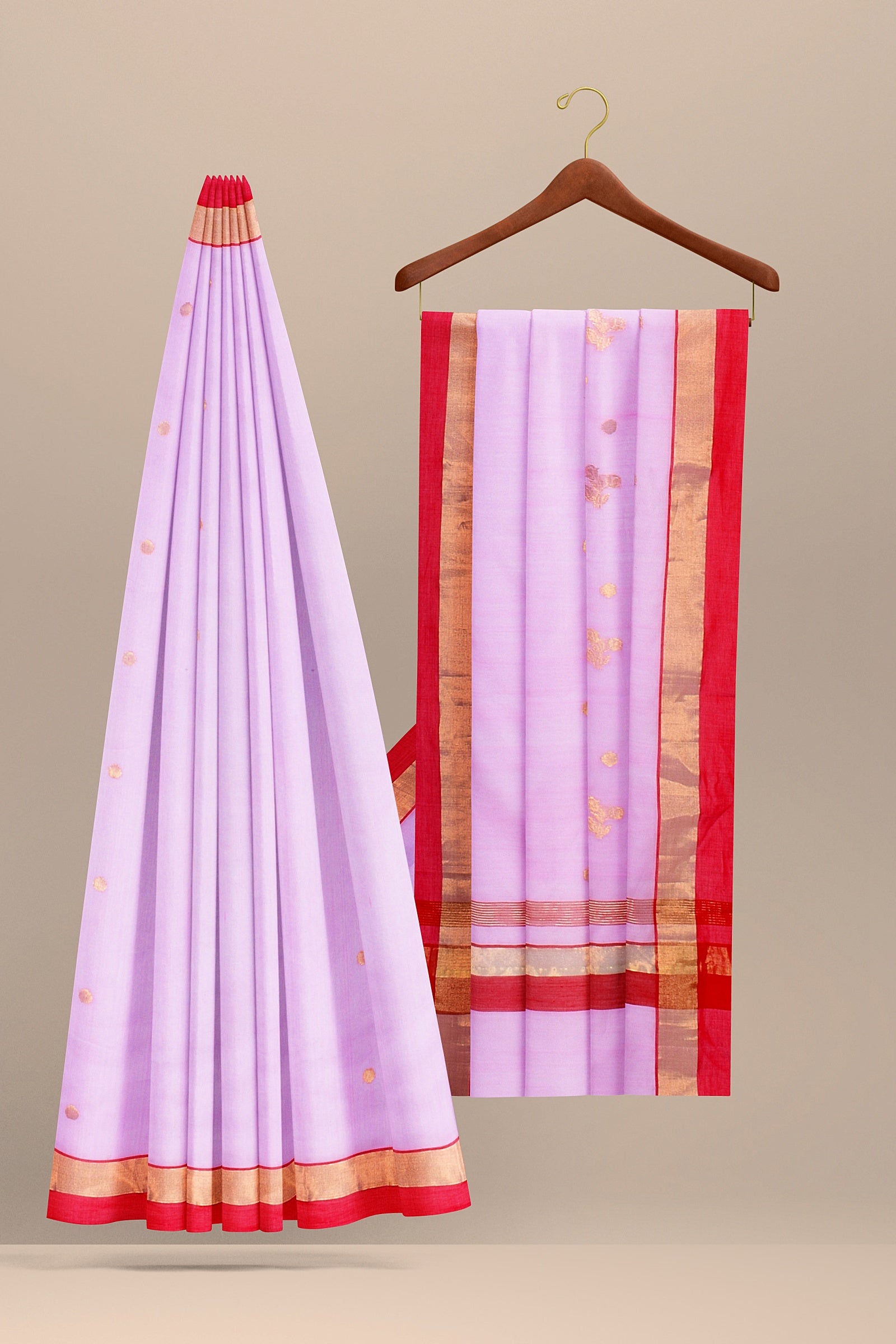 Handwoven Light Pink Color Traditional Floral Golden Buta Print Chanderi Saree with Red and Golden Zari Border SKU - BS10085 - Bhartiya Shilp