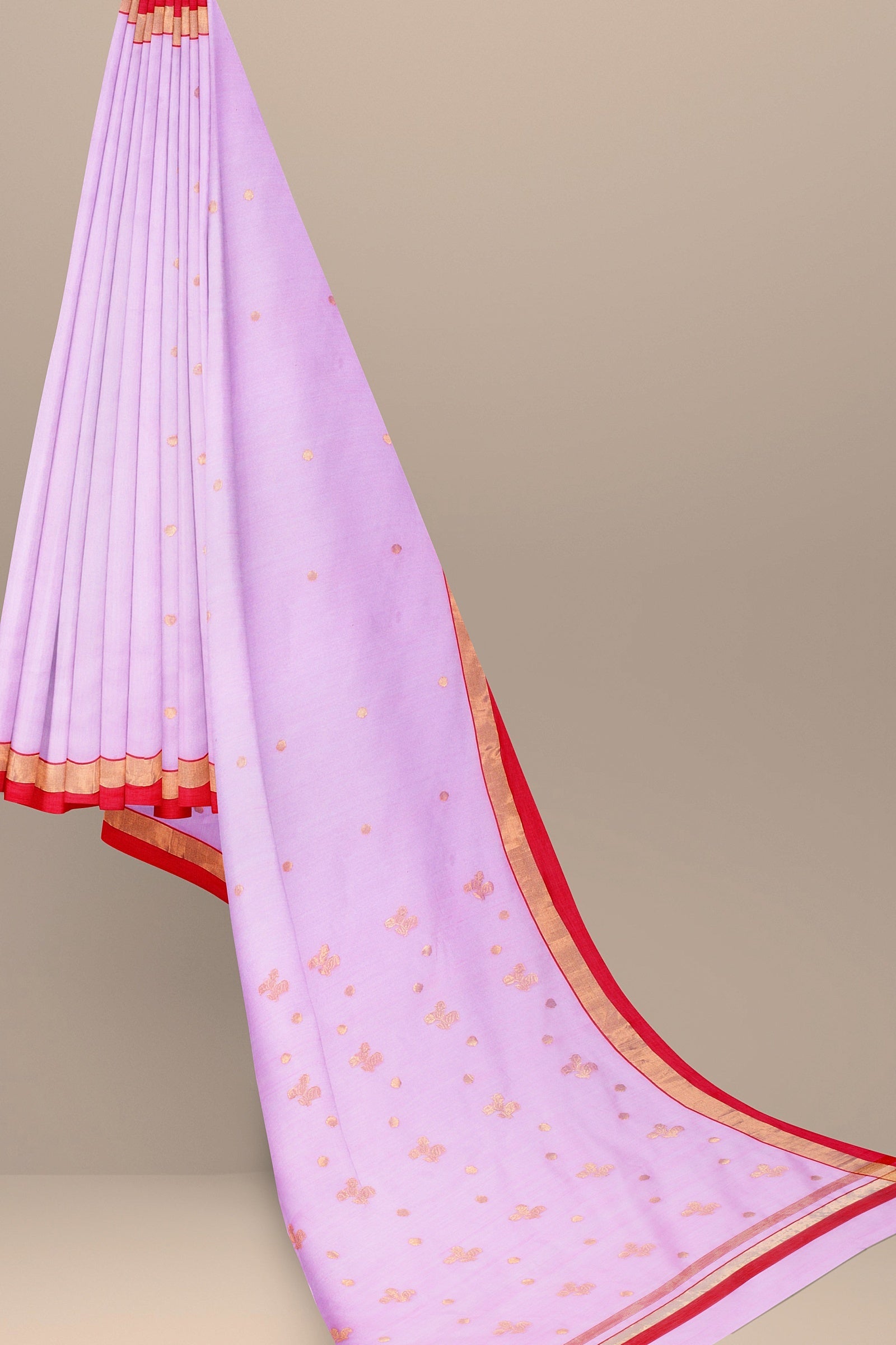 Handwoven Light Pink Color Traditional Floral Golden Buta Print Chanderi Saree with Red and Golden Zari Border SKU - BS10085 - Bhartiya Shilp