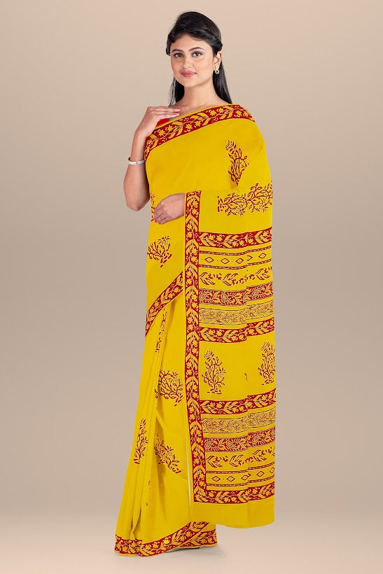 Chhipa Hand Block Printed Yellow Color Malmal Cotton Saree With Red Floral Motif SKU-7007 - Bhartiya Shilp