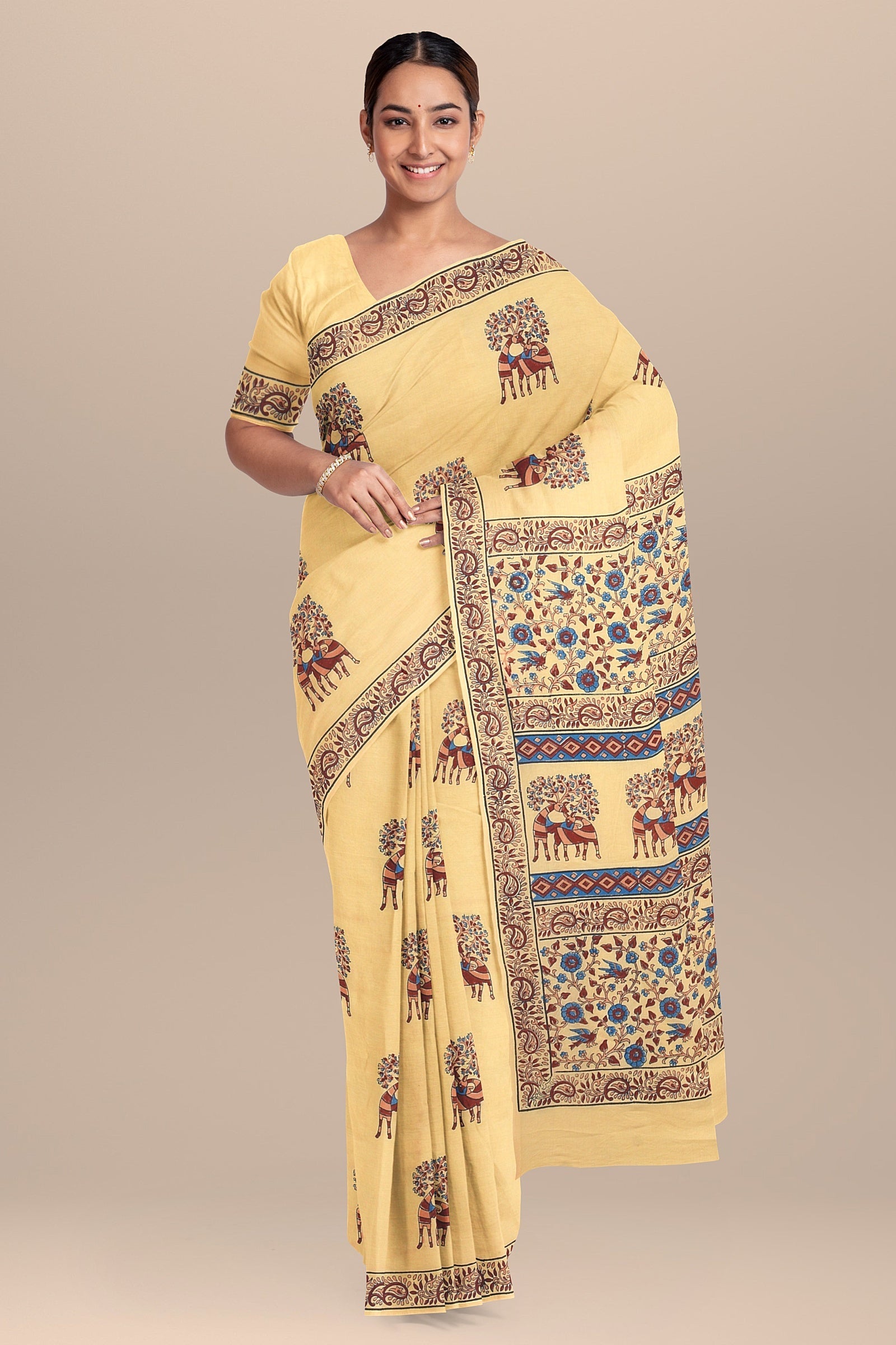 Chhipa Hand Block Printed Mustard Yellow Color Malmal Cotton Saree With Multicolor Deer Motif SKU-7004 - Bhartiya Shilp
