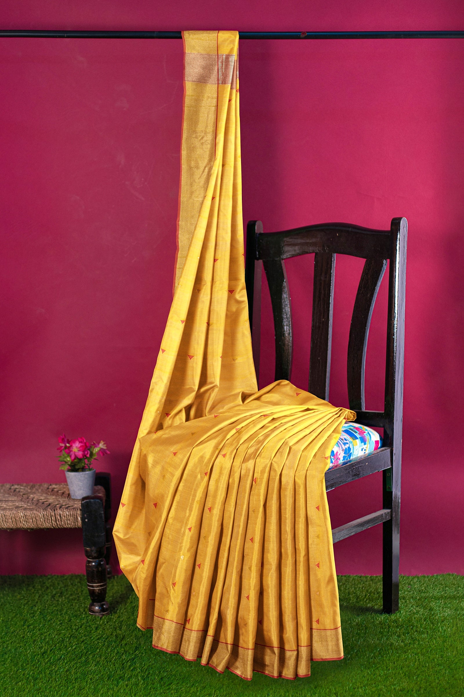 Hand Woven Golden Yellow Color Traditional Triangle Buti Sausar Silk with Zari Border Saree SKU- BS10006 - Bhartiya Shilp