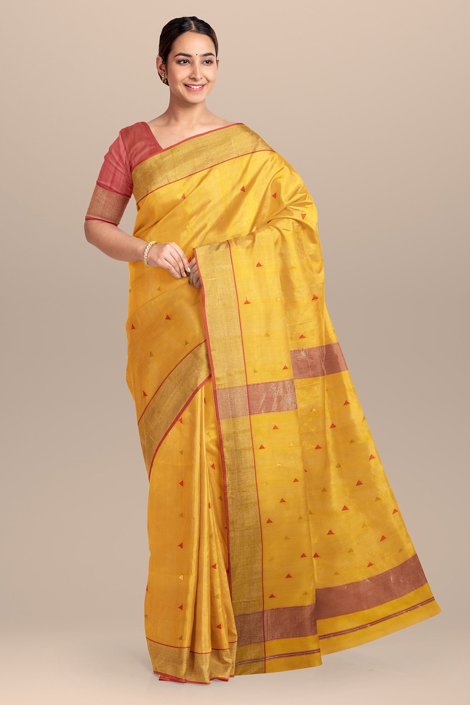 Hand Woven Golden Yellow Color Traditional Triangle Buti Sausar Silk with Zari Border Saree SKU- BS10006 - Bhartiya Shilp