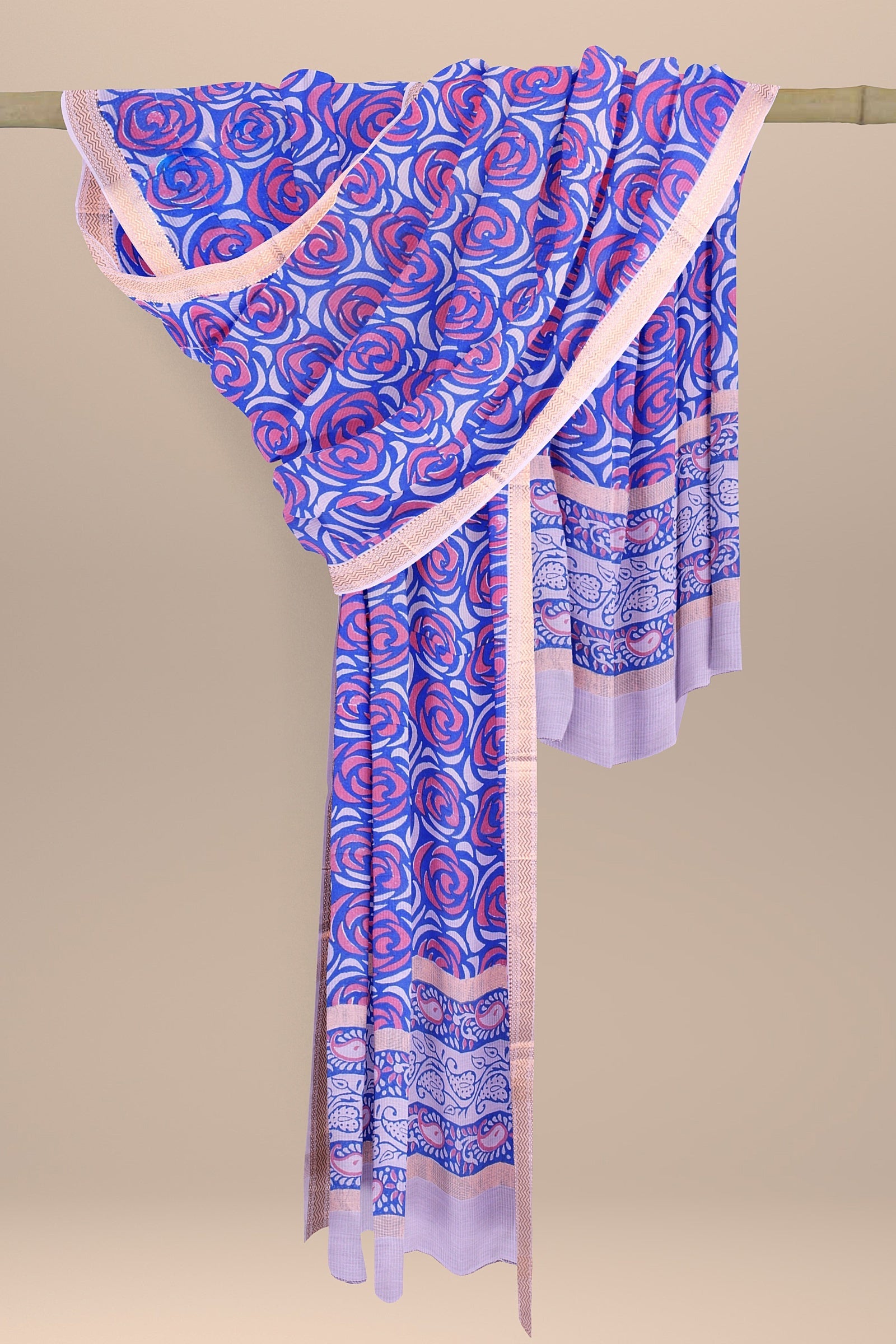 Purple Color Sausar Silk Dupttaa With Handblock Multicolor Floral Motif SKU-BS20017 - Bhartiya Shilp