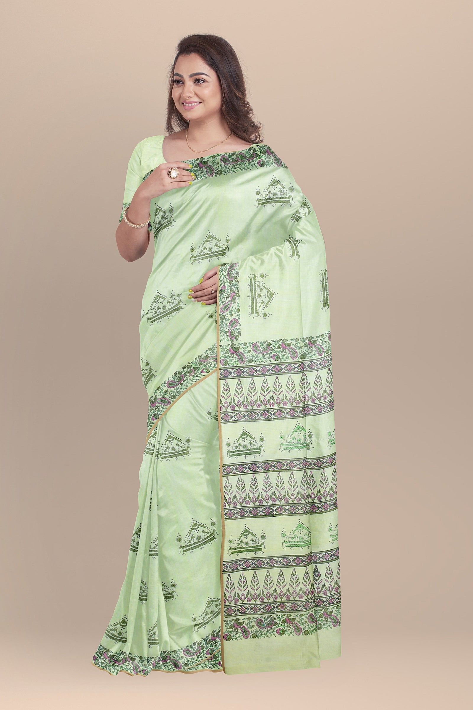 Hand Woven Hand Block Printed Olive Green Sausar Silk Zari Border Saree With Tribal Tattoo Motif SKU-5763 - Bhartiya Shilp