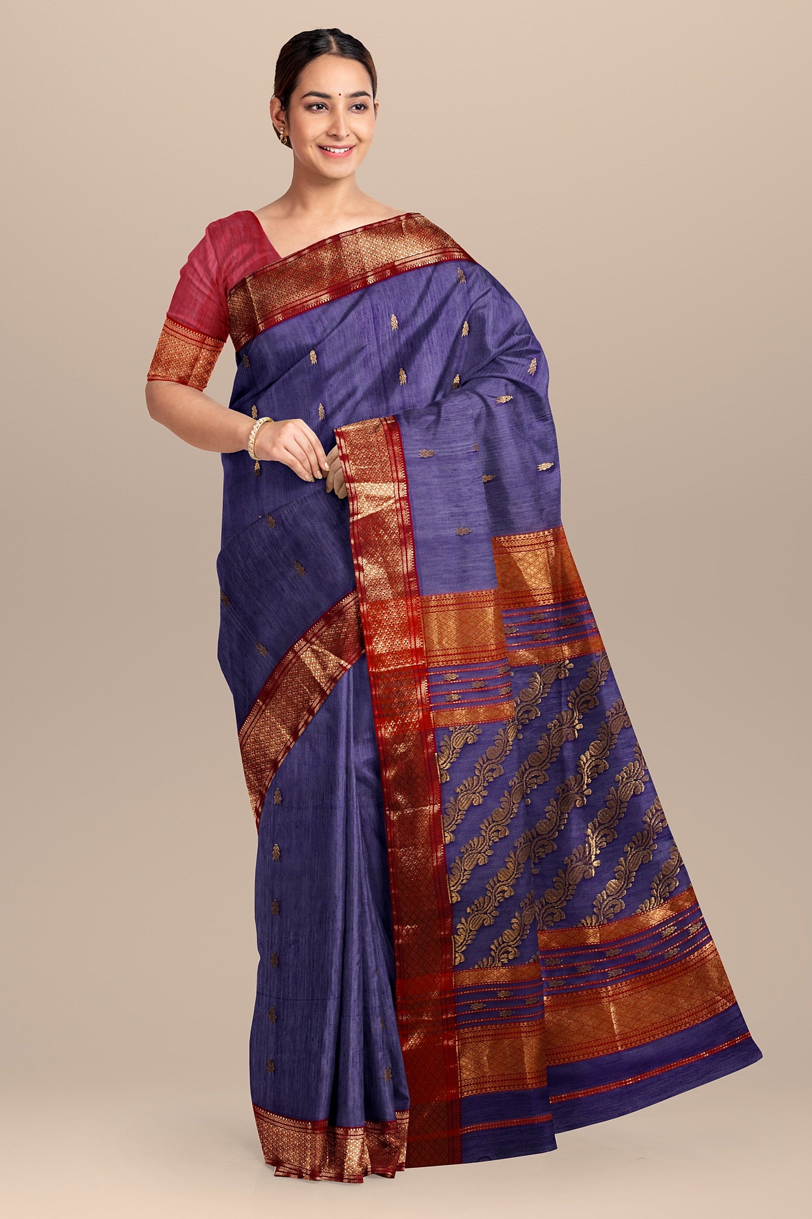 Hand Woven Dark Purple Color Traditional Buti Sausar Silk with Zari Border Saree SKU- BS10026 - Bhartiya Shilp