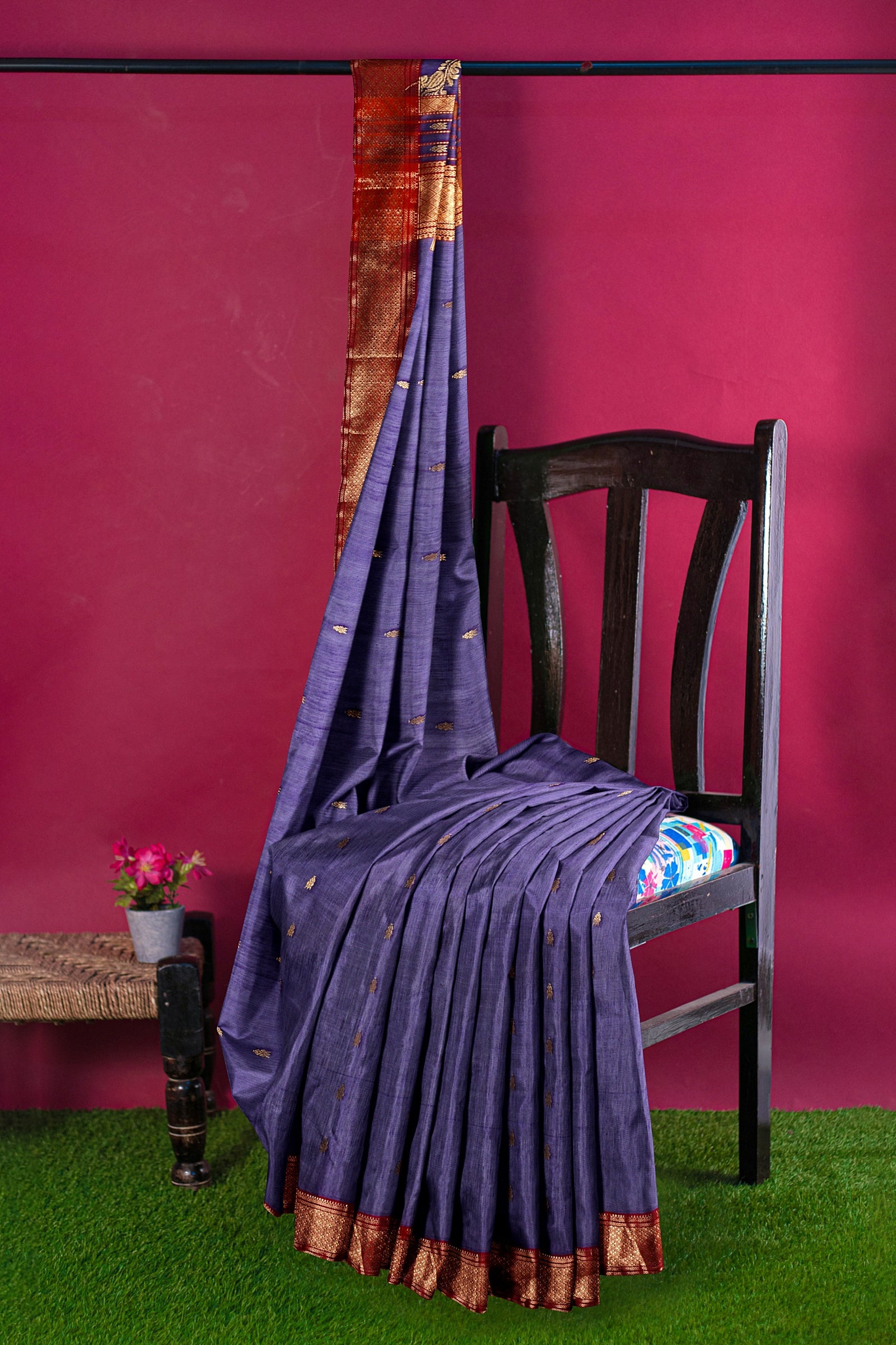 Hand Woven Dark Purple Color Traditional Buti Sausar Silk with Zari Border Saree SKU- BS10026 - Bhartiya Shilp