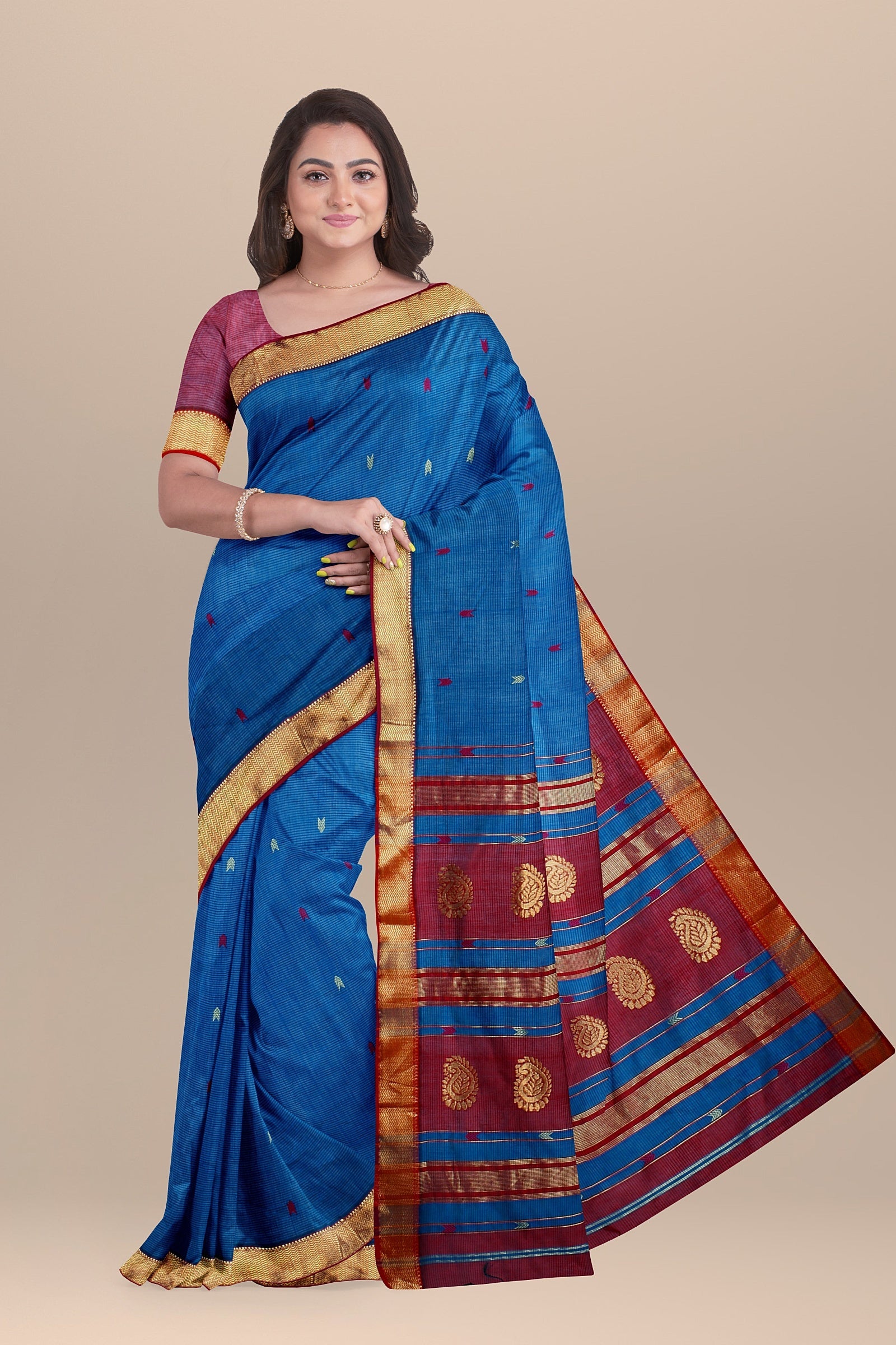 Hand Woven Ocean Blue Color Buta Buti Checks Sausar Silk with Zari Border Saree SKU-BS10012 - Bhartiya Shilp