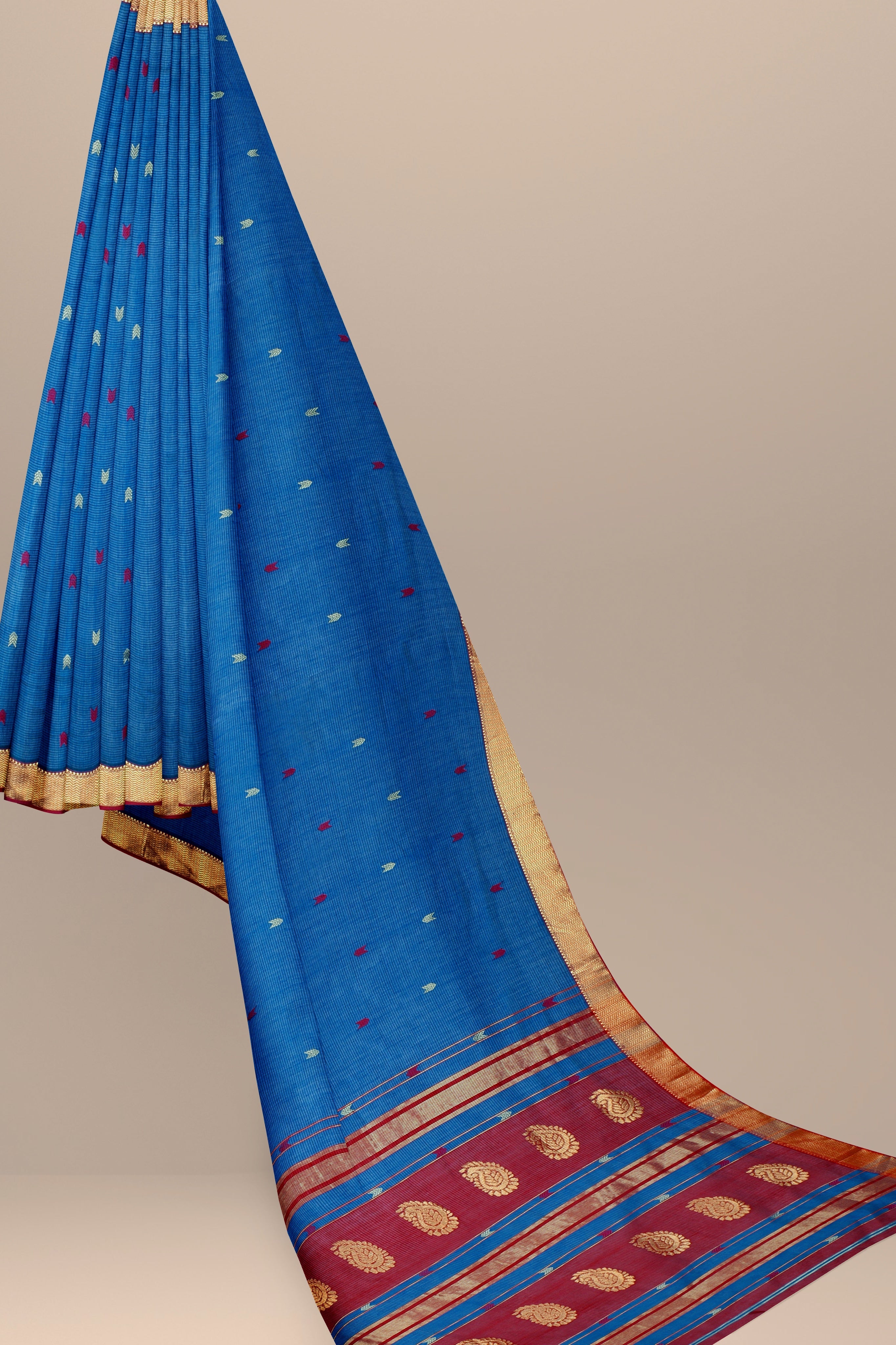 Hand Woven Ocean Blue Color Buta Buti Checks Sausar Silk with Zari Border Saree SKU-BS10012 - Bhartiya Shilp