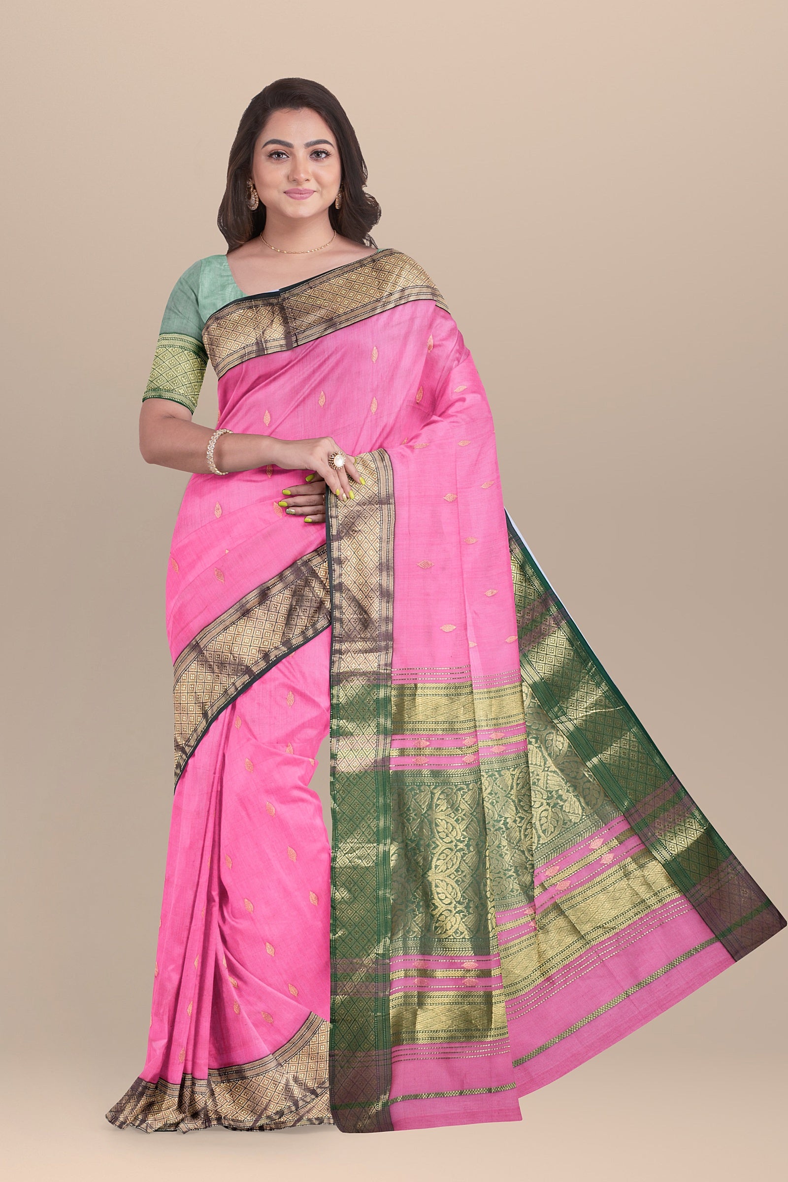 Hand Woven Dark Pink Color Buta Buti Sausar Silk with Broad Green Zari Border Saree SKU- BS10019 - Bhartiya Shilp