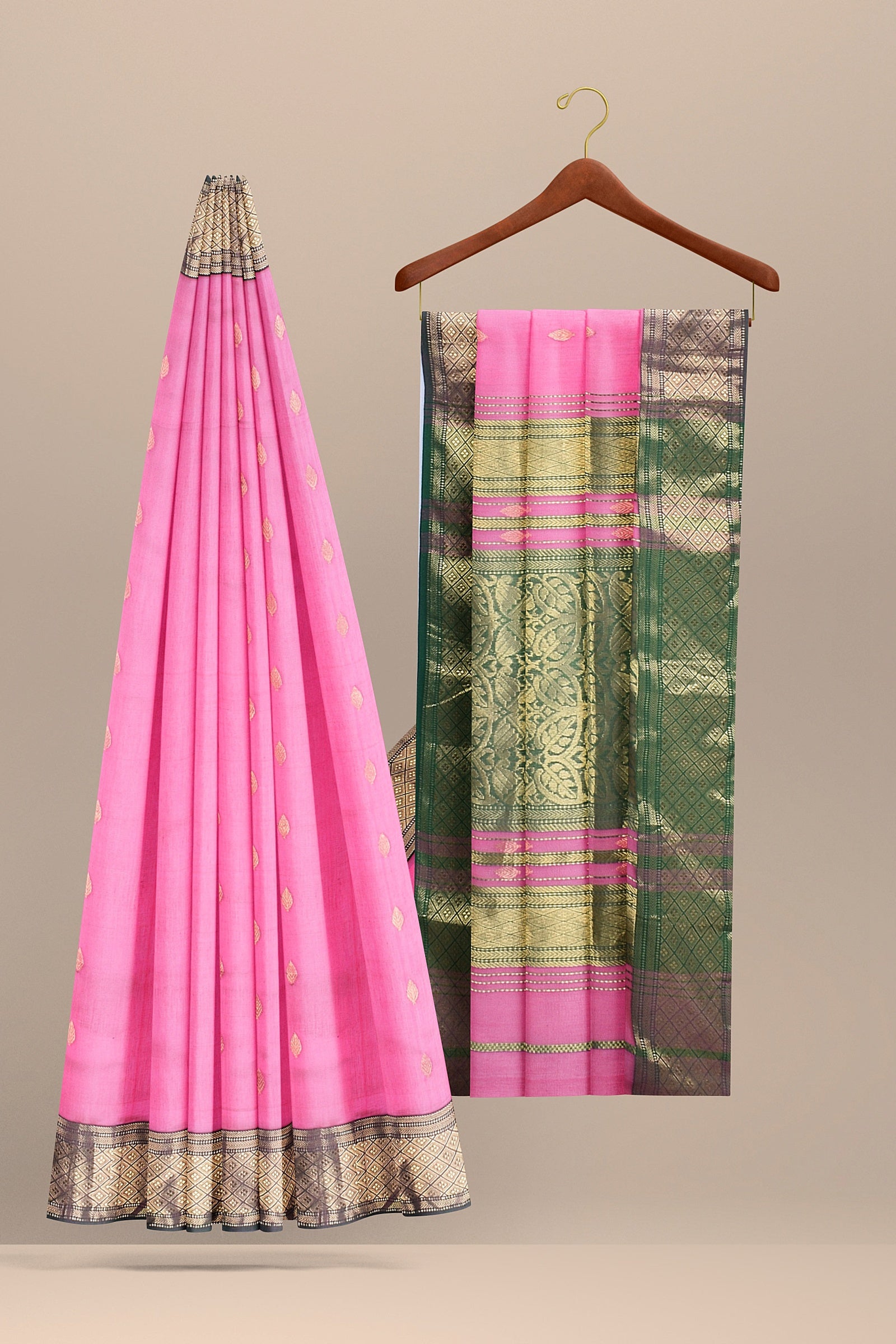 Hand Woven Dark Pink Color Buta Buti Sausar Silk with Broad Green Zari Border Saree SKU- BS10019 - Bhartiya Shilp