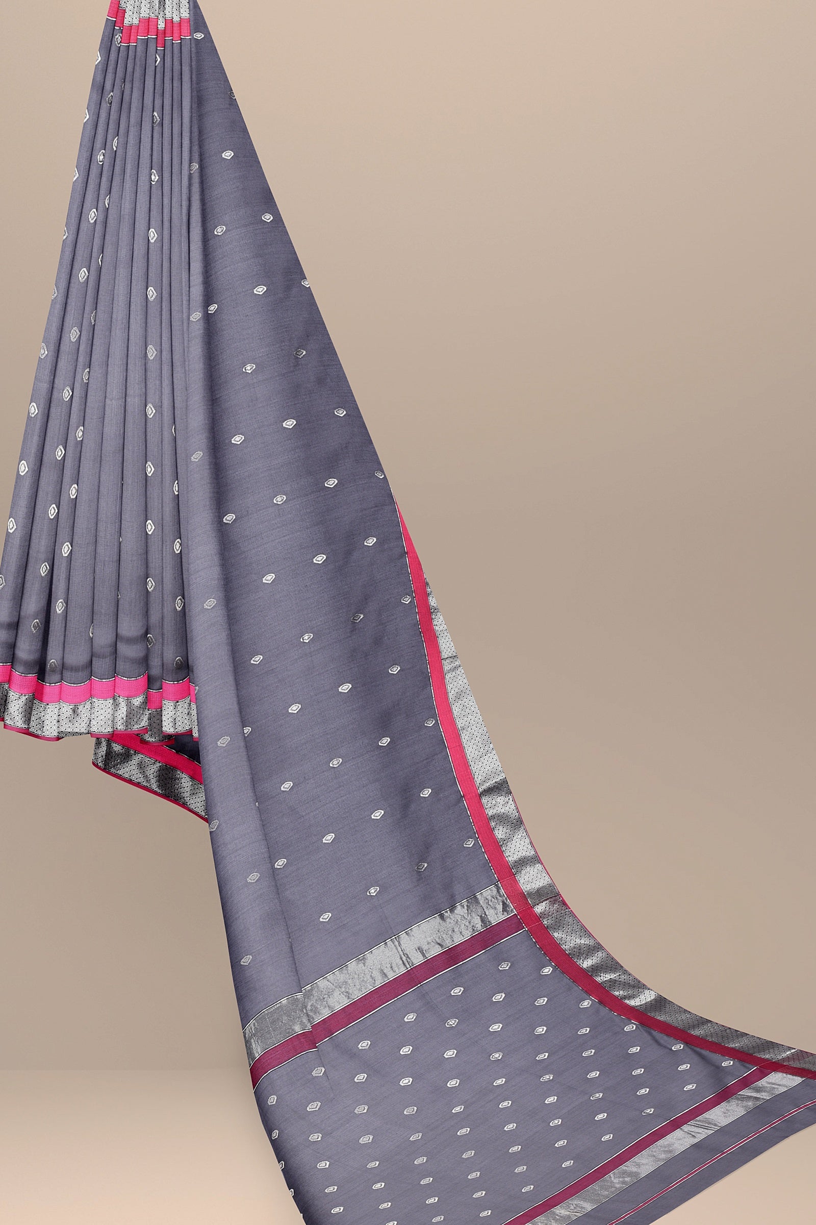 Hand Woven Metallic Grey Color Traditional Diya Buti Sausar Silk with Silver Zari Border Saree SKU-BS10023 - Bhartiya Shilp