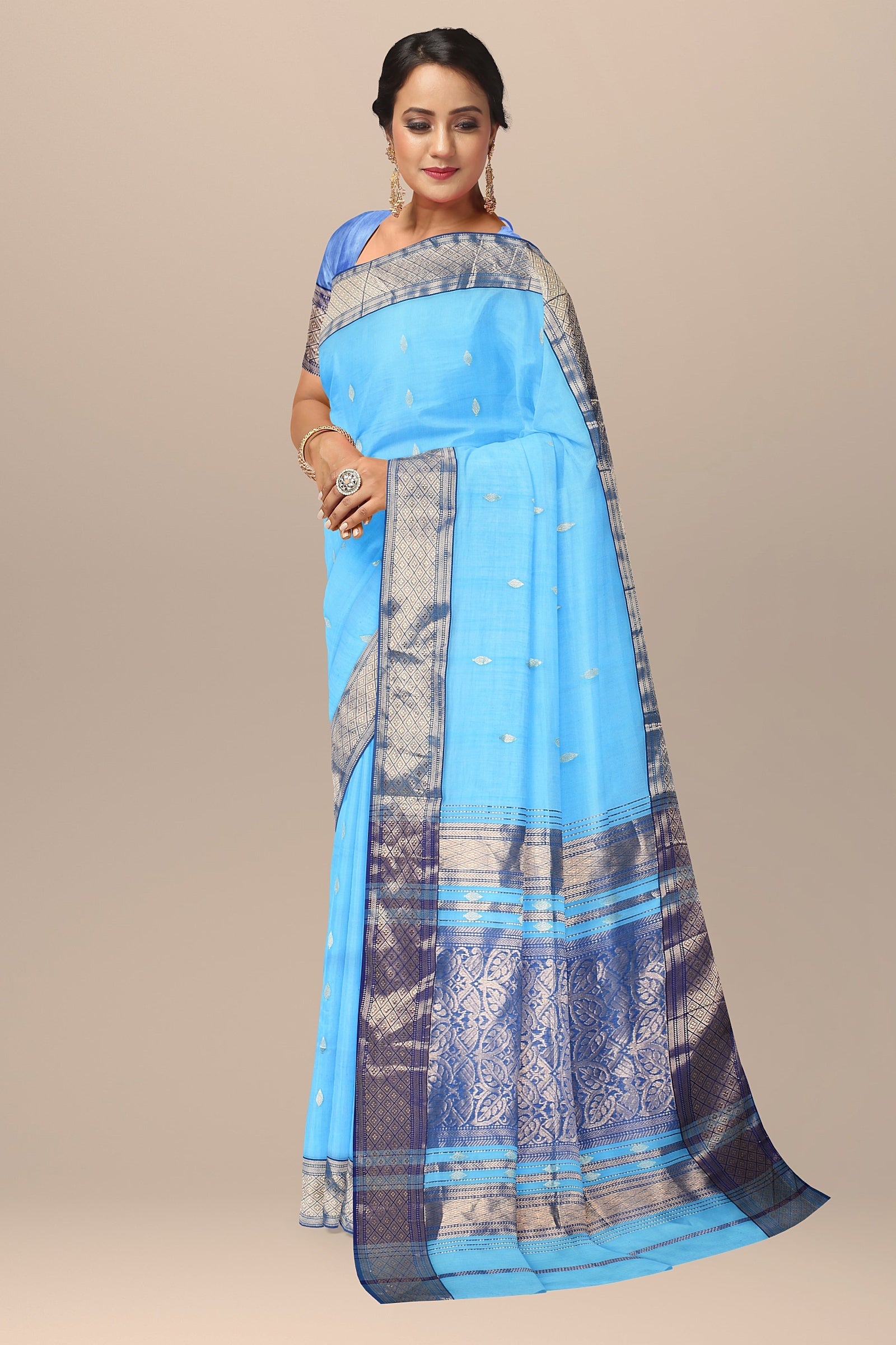 Hand Woven Sky Blue Color Buta Buti Sausar Silk with Broad Dark Blue Zari Border Saree SKU- BS10018 - Bhartiya Shilp