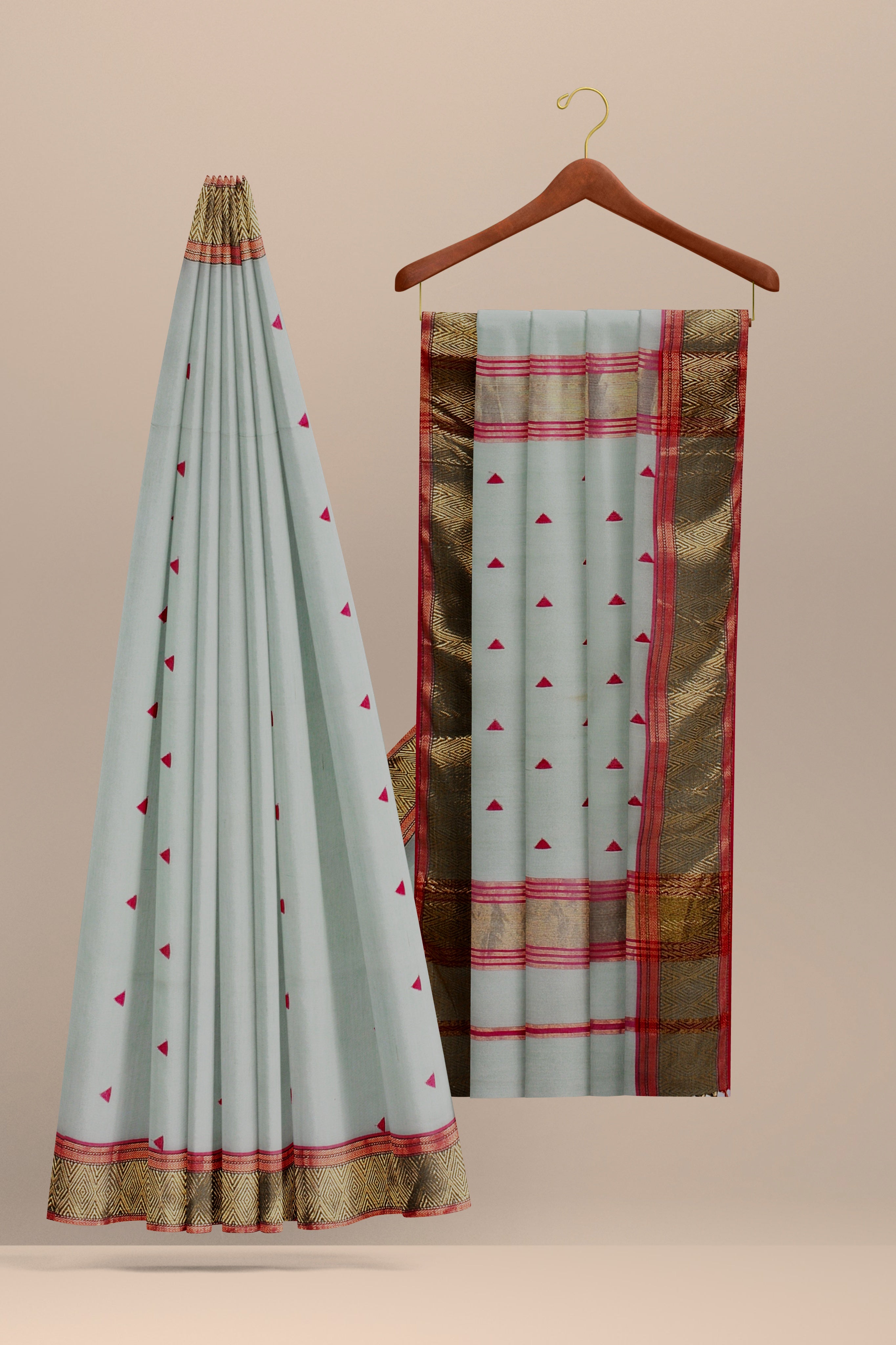 Hand Woven Tea Green Color Sausar Traditional Triangle Buti Silk with Triangle Buti Border Saree SKU - BS10007 - Bhartiya Shilp