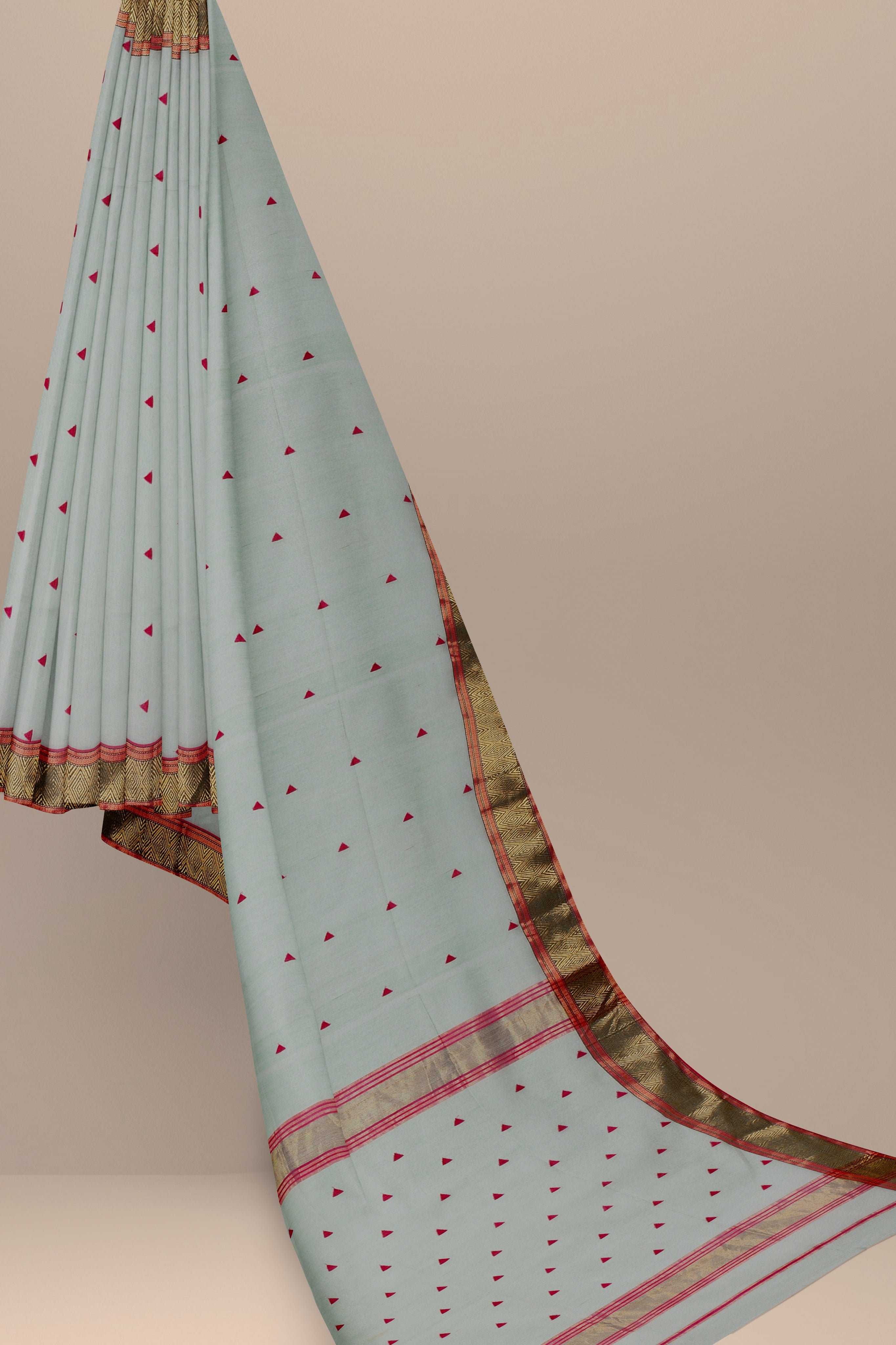 Hand Woven Tea Green Color Sausar Traditional Triangle Buti Silk with Triangle Buti Border Saree SKU - BS10007 - Bhartiya Shilp
