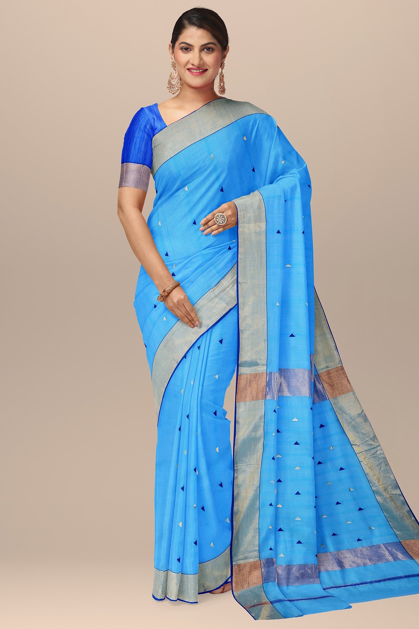 Hand Woven Sky Blue Color Traditional Triangle Buti Sausar Silk with Zari Border Saree SKU-BS10002 - Bhartiya Shilp