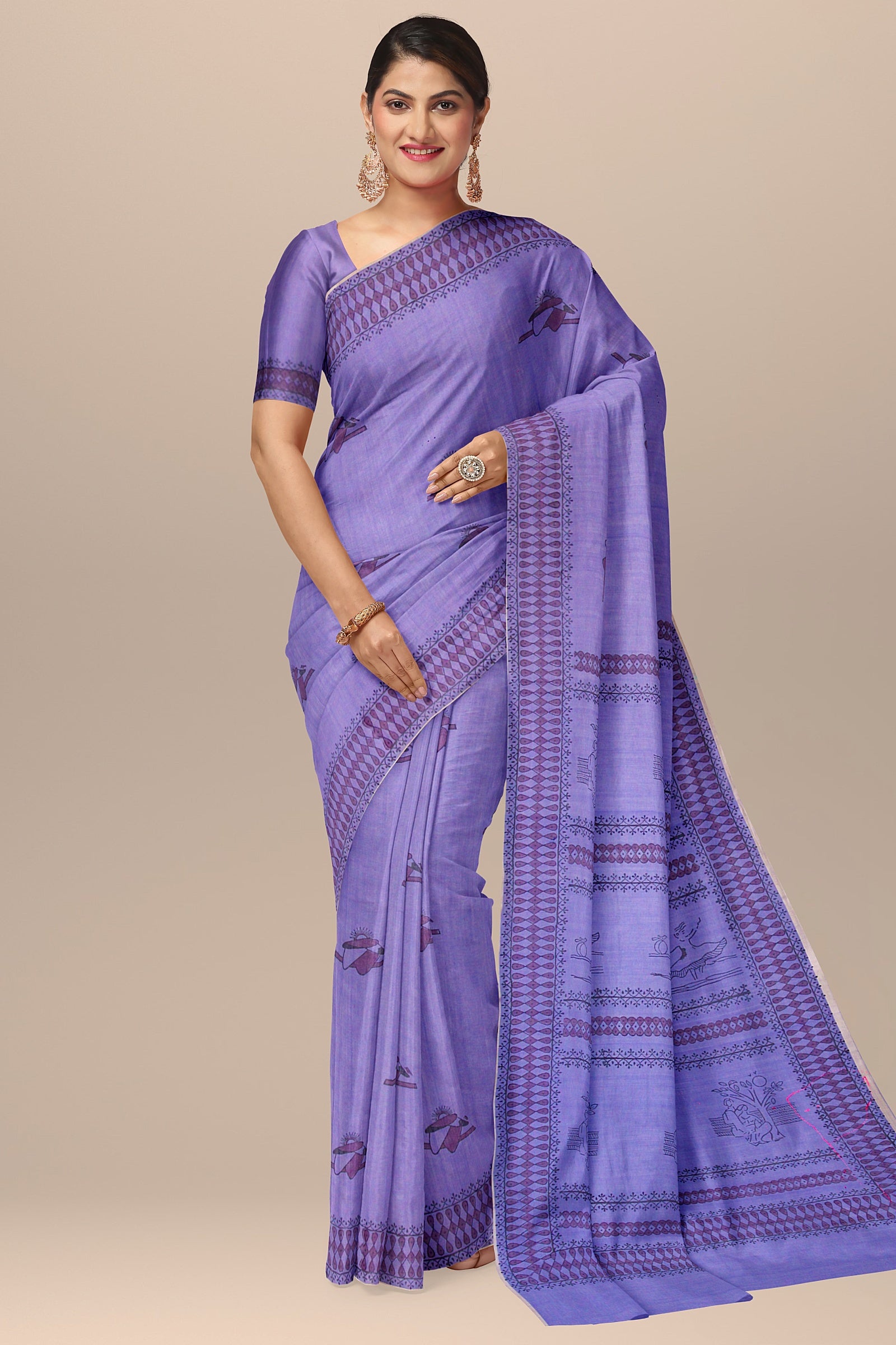 Limited Edition Artist Collection – Chhipa Hand Block Printed Light Purple Sauasr Silk Saree with Rohit’s Painting Motif SKU-7015 - Bhartiya Shilp