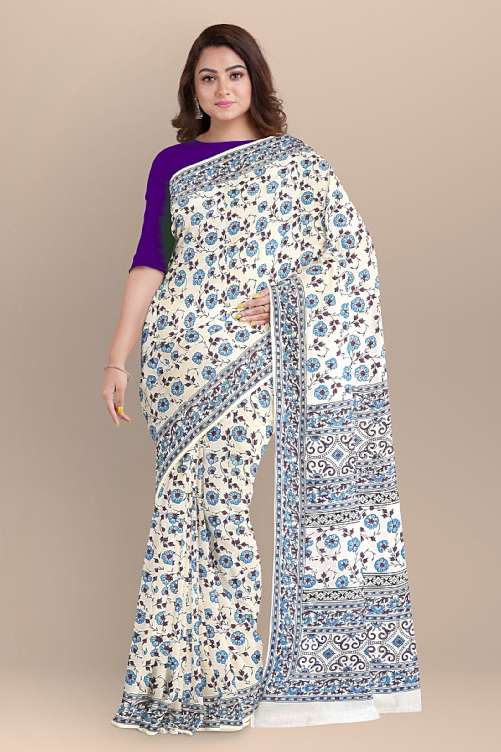 Chhipa Hand Block Printed White Color Malmal Cotton Saree With Floral Motif SKU-5587 - Bhartiya Shilp